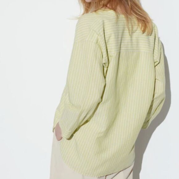 Uniqlo Linen Blend Striped Button Down Shirt Medium 3/4 Sleeve Band Collar Green - Picture 3 of 11